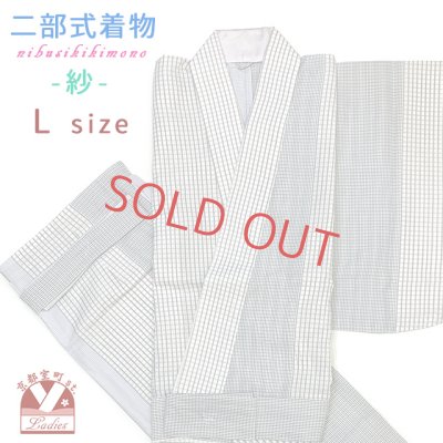 画像1: 夏の二部式着物 洗える着物 紗 小紋柄の着物 Lサイズ【グレー系、紬風格子柄】