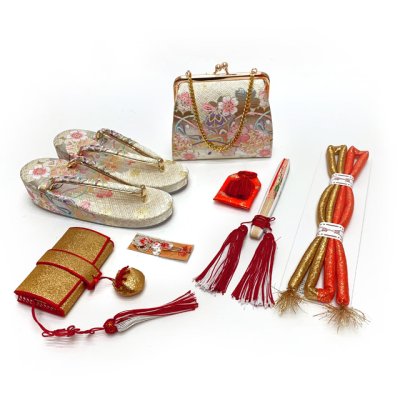 画像7: 七五三 着物 7歳 女の子用 四つ身の着物と結び帯 他 コーディネート フルセット【茄子紺色、雪輪と八重桜】