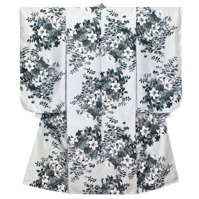 画像2: 七五三 着物 フルセット ７歳 女の子 古典柄のお祝い着と結び帯＆箱せこセット 合繊【シルバーグレー、バラと百合】