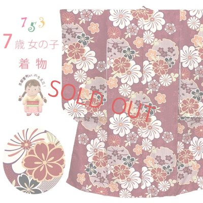 画像1: 七五三 着物 7歳 女の子 古典柄の子供着物 小紋柄(総柄) きもの 襦袢付き 合繊【エンジ系、菊と雪輪】