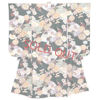 画像2: 女の子 袴セット 卒園式 入学式 小紋柄(総柄)四つ身の着物(合繊)＆刺繍袴のセット【深緑系、扇と菊】