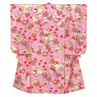 画像2: 七五三 着物 7歳 女の子用 フルセット 総柄の子供着物 結び帯セット(合繊)【ピンク、鈴と牡丹・雪輪】