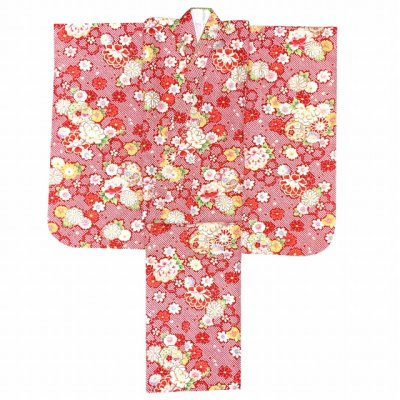 画像3: 七五三 着物 7歳 女の子用 フルセット 総柄の子供着物 結び帯セット(合繊)【赤、鈴と牡丹・雪輪】