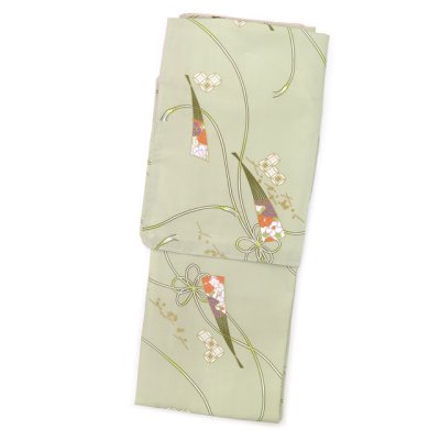 画像2: 洗える着物 小紋 袷 コーディネートセット RKブランド小紋と半幅帯作り帯セット 袷 フリーサイズ 肌着付き【薄緑、扇子】