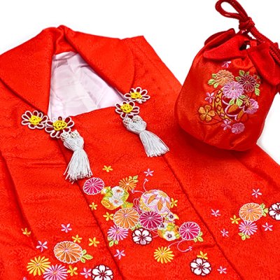 画像7: 被布コート 巾着付き R・Kブランド 刺繍入り 合繊七五三 ひな祭り 節句【赤系、鞠と菊】