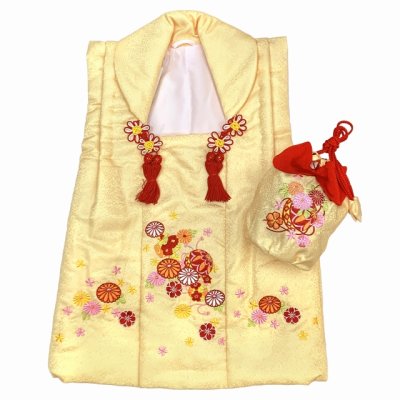 画像2: 被布コート 巾着付き R・Kブランド 刺繍入り 合繊七五三 ひな祭り 節句【クリームイエロー、鞠と菊】