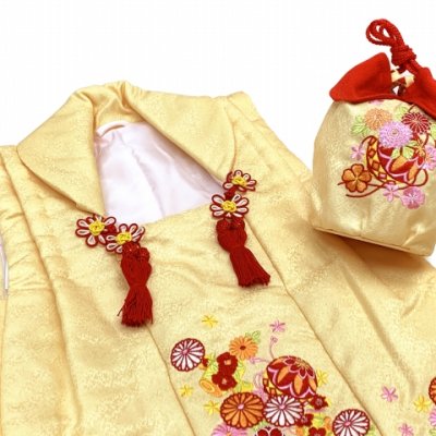 画像7: 被布コート 巾着付き R・Kブランド 刺繍入り 合繊七五三 ひな祭り 節句【クリームイエロー、鞠と菊】