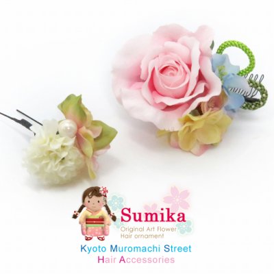 画像1: 女の子 髪飾り“Sumika”手作りアートフラワー 子供着物 ドレスに【ピンクローズ・マム2点セット】