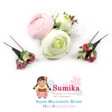 子供着物や浴衣、ドレスに　“Sumika”女の子用手作りのアートフラワー髪飾り【淡ピンク、丸ラナンにレースリボン】 3点セット
