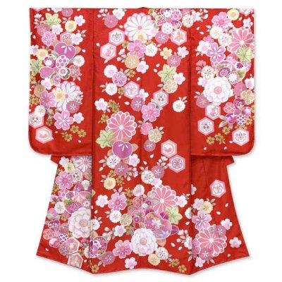 画像2: “式部浪漫 & 京都室町st. コラボ企画” 七五三 着物 7歳 女の子 絵羽柄の四つ身の着物(合繊) 襦袢付き【赤、橘】