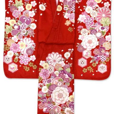 画像3: “式部浪漫 & 京都室町st. コラボ企画” 七五三 着物 7歳 女の子 絵羽柄の四つ身の着物(合繊) 襦袢付き【赤、橘】