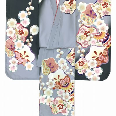 画像3: 七五三 着物 7歳 女の子 式部浪漫ブランド 絵羽柄の着物 四つ身 子供振袖  合繊 襦袢付き【グレー系、梅】