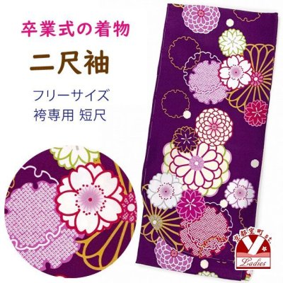 画像1: 卒業式の着物 小紋柄の二尺袖 単品 ショート丈 フリーサイズ【紫、菊と桜・雪輪】