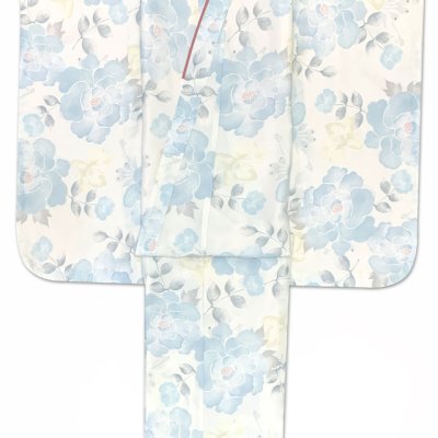 画像3: 七五三 7歳 女の子用 小紋柄 四つ身の着物と結び帯 他 フルセット【白系、薄青芍薬】