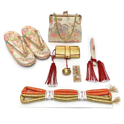 画像7: 七五三 7歳 女の子用 小紋柄 四つ身の着物と結び帯 他 フルセット【白系、薄青芍薬】