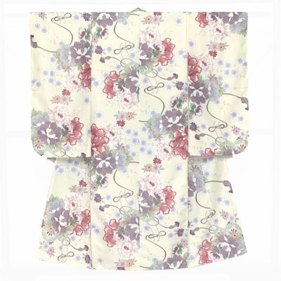 画像2: 七五三 7歳 女の子用 小紋柄 四つ身の着物と結び帯 他 フルセット【クリーム、ピンク牡丹】