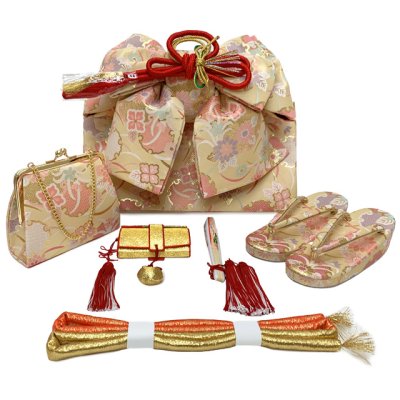 画像6: 七五三 7歳 女の子用 小紋柄 四つ身の着物と結び帯 他 フルセット【クリーム、ピンク牡丹】