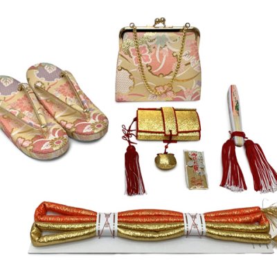 画像7: 七五三 7歳 女の子用 小紋柄 四つ身の着物と結び帯 他 フルセット【クリーム、ピンク牡丹】