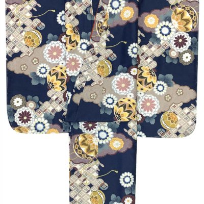 画像3: 七五三 着物 女の子 フルセット 総柄の女の子用 子供着物 結び帯コーデセット(合繊)【紺地、雲どりに鞠・菊】