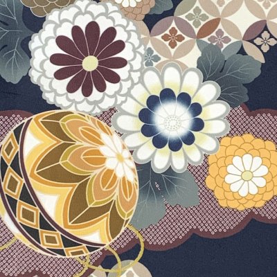 画像4: 七五三 着物 女の子 フルセット 総柄の女の子用 子供着物 結び帯コーデセット(合繊)【紺地、雲どりに鞠・菊】