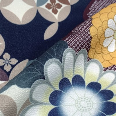 画像5: 七五三 着物 女の子 フルセット 総柄の女の子用 子供着物 結び帯コーデセット(合繊)【紺地、雲どりに鞠・菊】