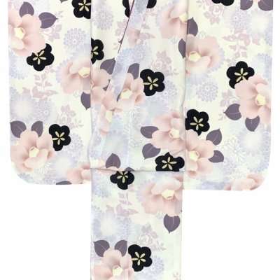 画像3: 七五三 着物 2025年新作 7歳 女の子用 小紋柄 四つ身 単品 子供着物(合繊) 襦袢付き【生成り系、ピンク椿・紫菊】