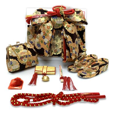 画像6: 七五三 7歳 女の子用 小紋柄 四つ身の着物と結び帯 他 フルセット【生成り系、ピンク椿・紫菊】