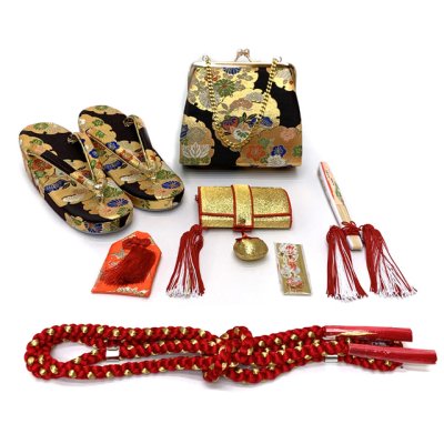 画像7: 七五三 7歳 女の子用 小紋柄 四つ身の着物と結び帯 他 フルセット【生成り系、ピンク椿・紫菊】