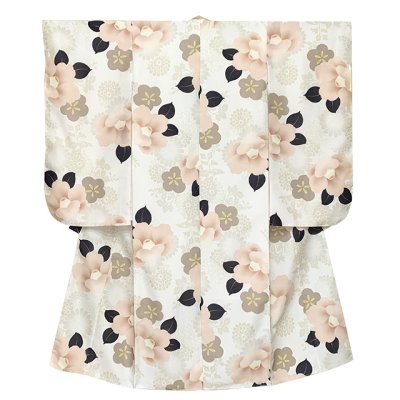 画像2: 七五三 着物 2025年新作 7歳 女の子用 小紋柄 四つ身 単品 子供着物(合繊) 襦袢付き【生成り系、ピンク椿・薄茶菊】