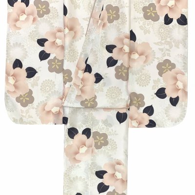 画像3: 七五三 着物 2025年新作 7歳 女の子用 小紋柄 四つ身 単品 子供着物(合繊) 襦袢付き【生成り系、ピンク椿・薄茶菊】