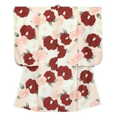 画像2: 七五三 着物 2025年新作 7歳 女の子用 小紋柄 四つ身 単品 子供着物(合繊) 襦袢付き【ピーチスキンベージュ系、椿】