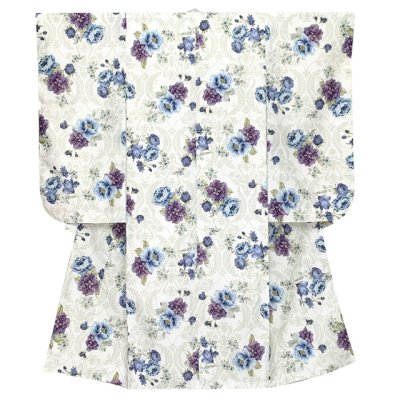 画像2: 七五三 着物 女の子 フルセット 総柄の女の子用 子供着物 結び帯コーデセット(合繊)【生成り系、クラシカルモダンローズ】