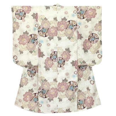 画像2: 七五三 着物 女の子 フルセット 総柄の女の子用 子供着物 結び帯コーデセット(合繊)【クリーム系、古典柄 鞠と牡丹】