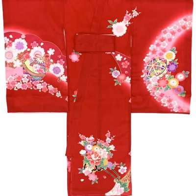 画像2: お宮参り 着物 女の子 赤ちゃんのお祝い着 産着 初着 正絹 襦袢付き【赤、花車】