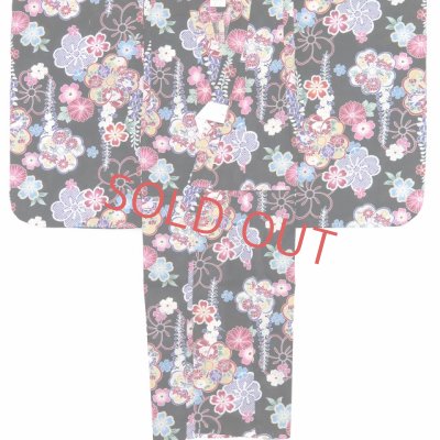 画像2: 子供浴衣 女の子 100 古典柄の子供浴衣 100サイズ【黒地、藤にねじり桜】