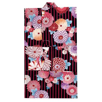 画像2: 女の子浴衣 へこ帯セット 90サイズ こども浴衣 絞り染め兵児帯 セット【黒地ストライプ柄、万寿菊】