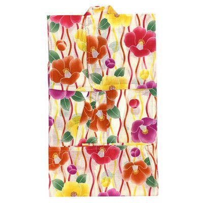 画像2: 女の子浴衣 へこ帯セット 90サイズ こども浴衣 絞り染め兵児帯 セット【生成り地、よろけ縞に椿】