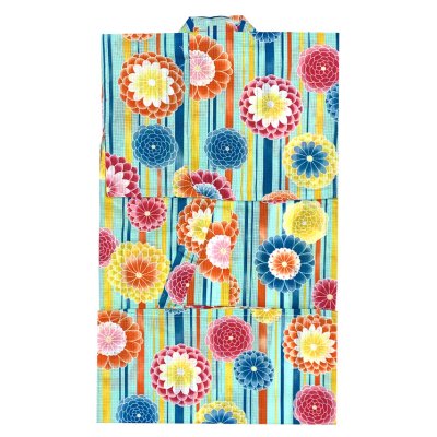 画像2: 女の子浴衣 へこ帯セット 90サイズ こども浴衣 絞り染め兵児帯 セット【水色、ストライプに万寿菊】