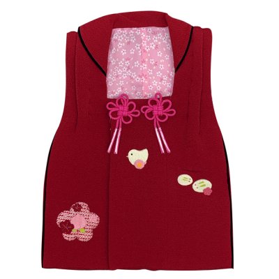 画像2: 七五三 三歳 女の子 被布セット 正絹被布コート 草履 巾着 足袋 4点コーデセット【赤、ひよこ車・うさぎ】