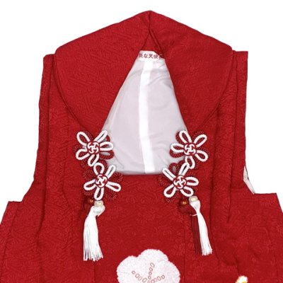 画像3: 七五三 三歳 女の子 被布セット 正絹被布コート 草履 巾着 足袋 4点コーデセット【赤、梅】