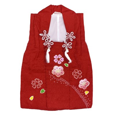 画像2: 七五三 三歳 女の子 被布セット 正絹被布コート 草履 巾着 足袋 4点コーデセット【赤、梅桜】