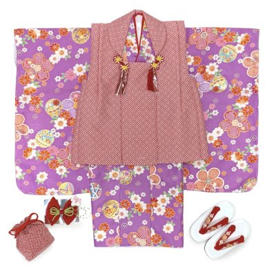 画像4: 七五三 着物 3歳 女の子 フルセット 古典柄の着物 鹿の子柄の被布コートセット【赤鹿の子ｘ紫古典柄】