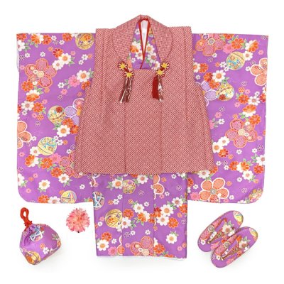 画像4: 七五三 着物 3歳 女の子 フルセット 古典柄の着物 鹿の子柄の被布コートセット【赤鹿の子ｘ紫古典柄】