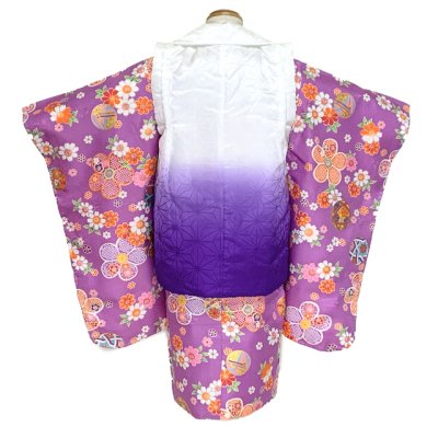 画像3: 七五三 3歳 着物 セット 女の子 被布セット 古典柄の着物 被布コートセット【紫ぼかし、花柄】