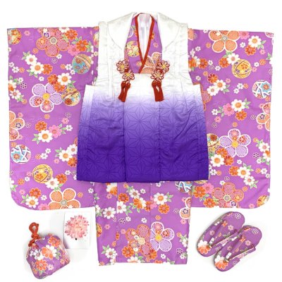 画像4: 七五三 3歳 着物 セット 女の子 被布セット 古典柄の着物 被布コートセット【紫ぼかし、花柄】