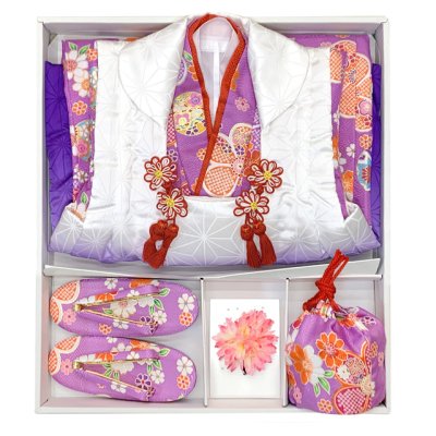 画像9: 七五三 3歳 着物 セット 女の子 被布セット 古典柄の着物 被布コートセット【紫ぼかし、花柄】