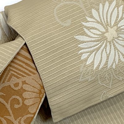 画像3: 半幅帯 作り帯 リボン返し結び帯 合繊【ベージュ系、菊】