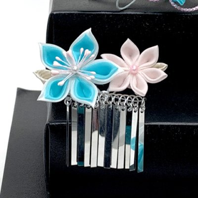 画像4: 七五三 髪飾り 3点セット 7歳 つまみ細工 髪飾り 勝山セット【水色、剣先摘み花】