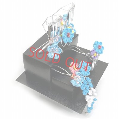 画像2: 七五三 髪飾り 3点セット 7歳 つまみ細工 髪飾り 勝山セット【ブルー系、つまみ花】