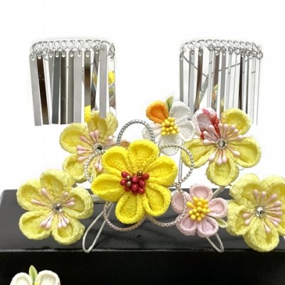 画像3: 七五三 髪飾り 3点セット 7歳 つまみ細工 髪飾り 勝山セット【黄色、つまみ花-梅-】